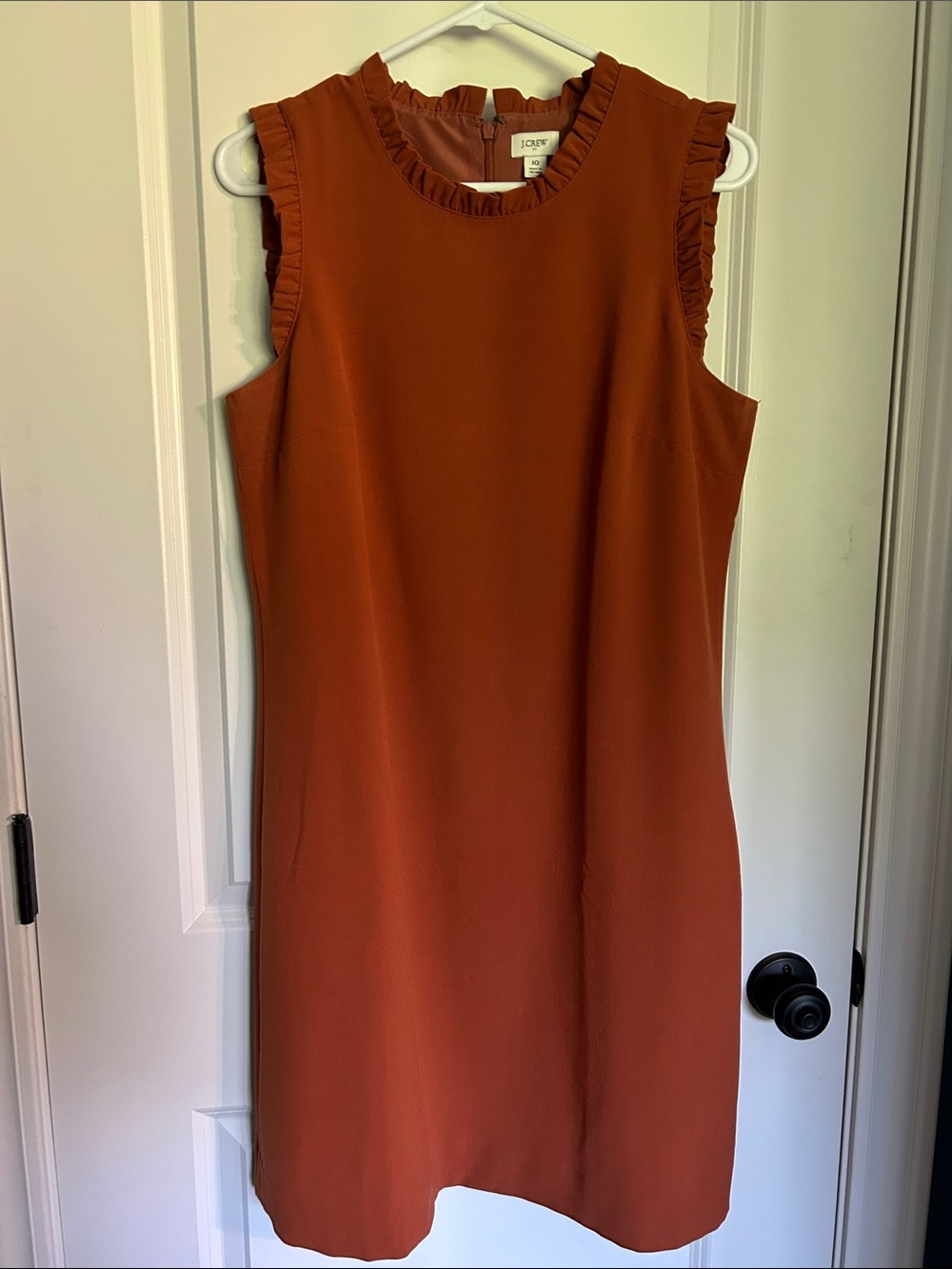 J. Crew Sleeveless Ruffle-Trim Shift Dress in Rust